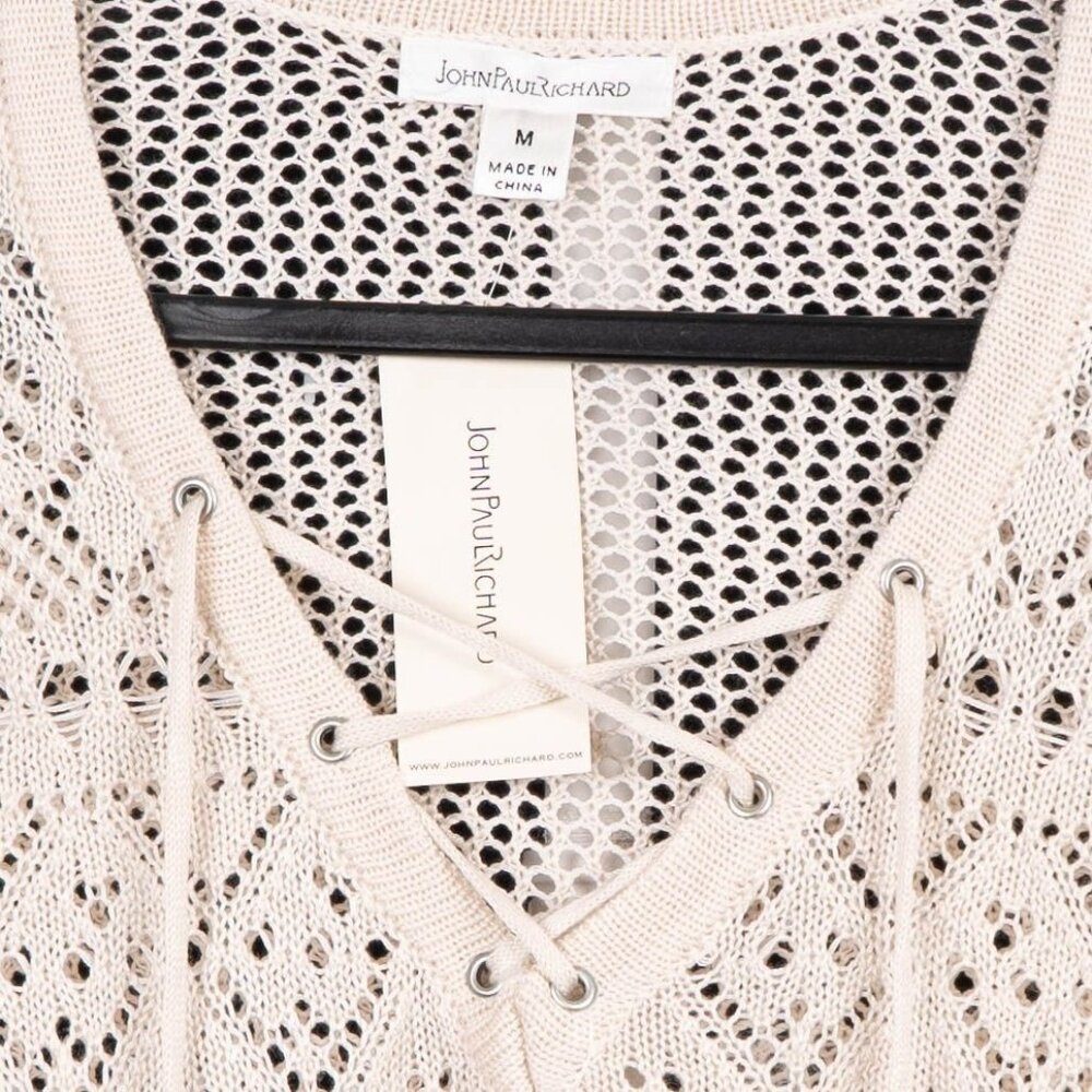 Crochet Knit Shirt M Beige Sheer Cover Up Long Sleeve Tunic Sweater Lace Up Boho - Picture 4 of 5